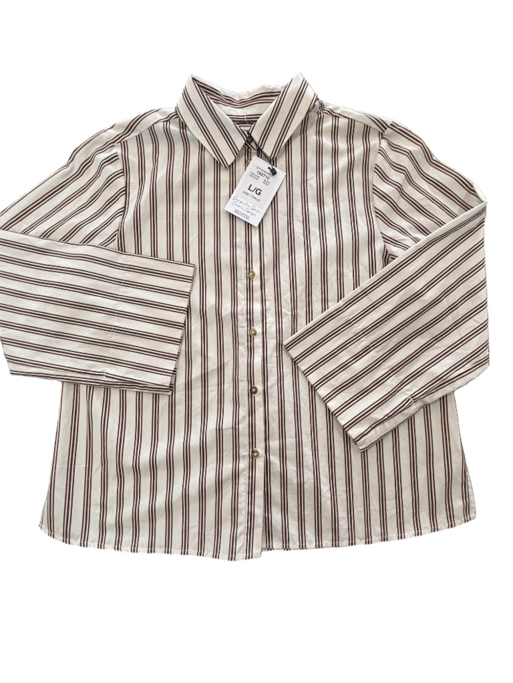 NWT Athenea 3/4 wide cuff 100% cotton Cream and brown striped collared blouse